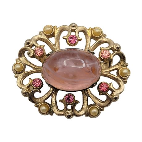 Vintage Coro Pink Swirl Glass & Rhinestone Brooch