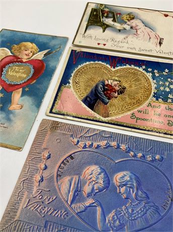 4 Antique 1908-1916 Cupid Valentine Postcard Lot, 1 cent Stamp