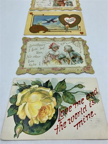 4 Antique 1909 Valentine Postcard Lot, 1 cent Canadian Stamp