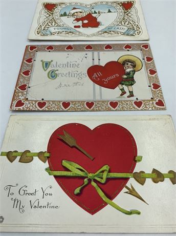 4 Antique 1913-1916 Valentine Postcard Lot, 1 cent Stamp