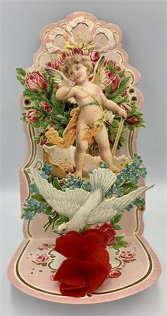 1925 Vintage Pop Up Cupid Honeycomb Trim, Dove, Rose & Seashell Valentine