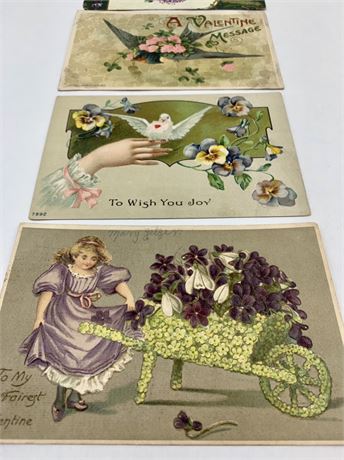4 Antique 1910-1914 Valentine Postcard Lot, 1 cent Stamp