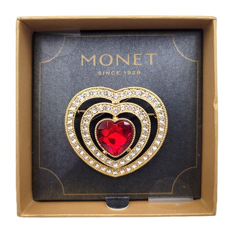 New in Box Monet Rhinestone Heart Brooch