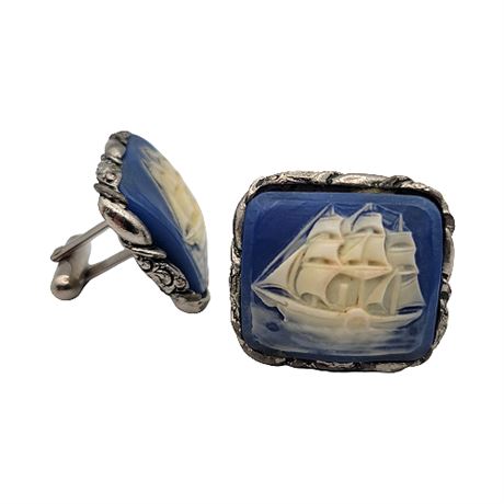 Vintage Large Cameo Style Clipper Ship Cufflinks