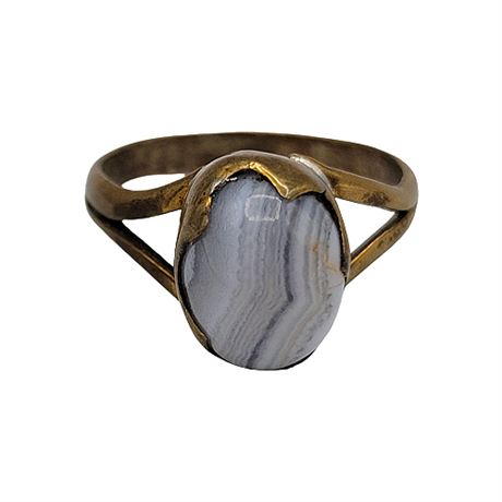 Handcrafted Brass Ring w/ Agate Cabochon Sz 6