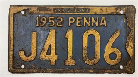1952 Pennsylvania J4106 Steel Automobile License Plate