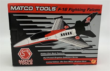 NOS F-16 Fighting Falcon Matco Tools Die-Cast Metal Airplane Bank, Unopened