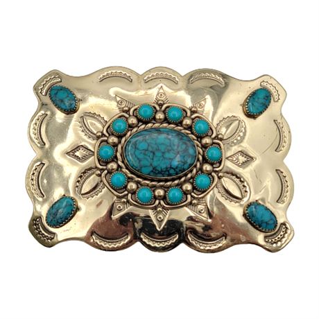 Vintage Bell Trading Nickle Silver Faux Turquoise Belt Buckle