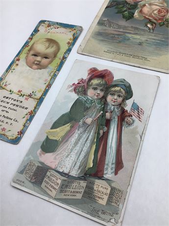 3 Antique Advertising Trade Cards:Sarica Coffee,Talcum Powder,Scott’s Emulsion