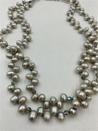 Superb Smoke Gray Baroque Pearl & Swarovski Crystal Double Strand Necklace