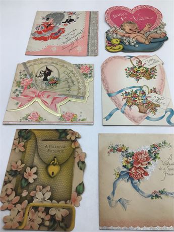 6 Vintage 1930s-1940s Folding Paper Valentines, USA Hallmark