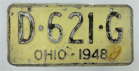 1948 Aluminum Ohio D621G Automobile License Plate