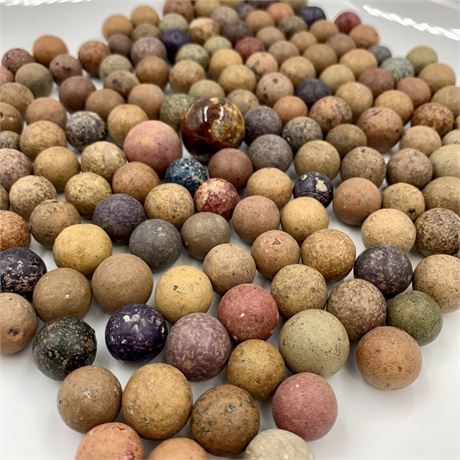 177 Antique Clay Marbles with Large Bennington Pottery Glazed & Clay Shooters