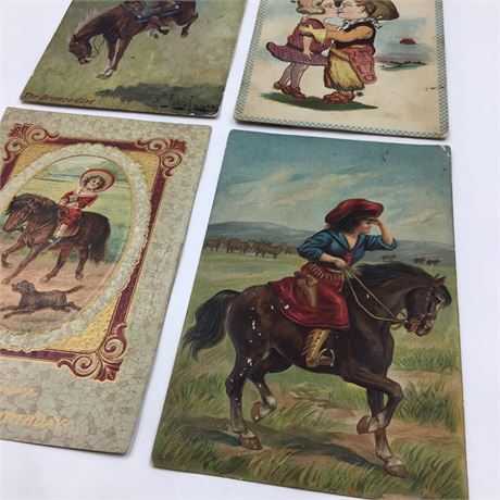 4 Antique 1908-1914 Cowgirl, Wild West, Postcard Lot, 1 cent Stamps