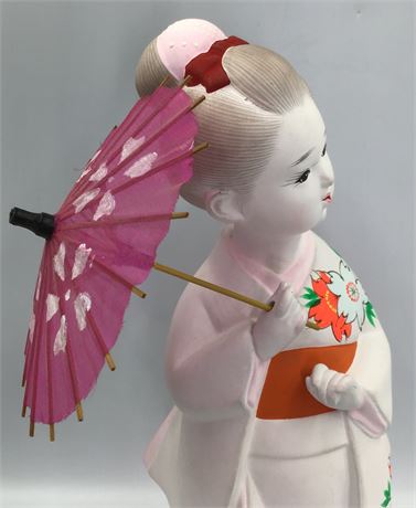 Vintage Japanese Hakata Matte Porcelain 12” Geisha Girl with Parasol Statue