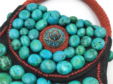 Unusual Polished Turquoise & Glass Bead Encrusted Handbag, Handled Purse