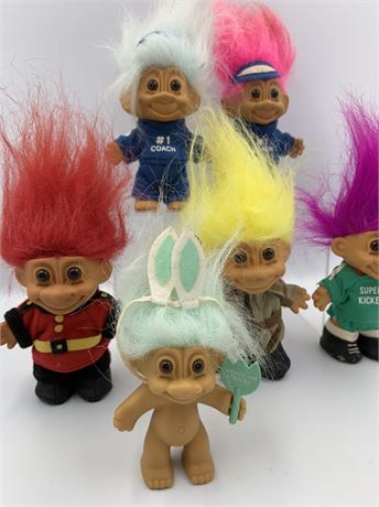 6 Vintage RUSS Troll Dolls:Army, Coach, Soccer, Mini Bunny