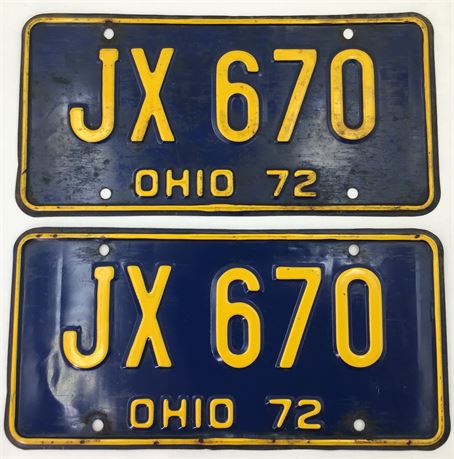 Pair of Original 1972 Ohio JX 670 Blue & Yellow Automobile License Plates