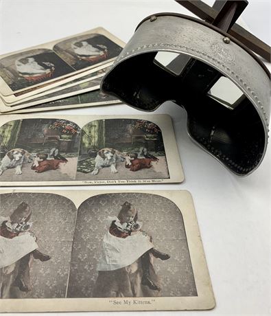 Antique Stereoviewer & 7 Animals with Children Stereoscopic Photo Cards