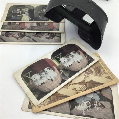 Antique Stereoviewer & 6 Animals with Children Stereoscopic Photo Cards