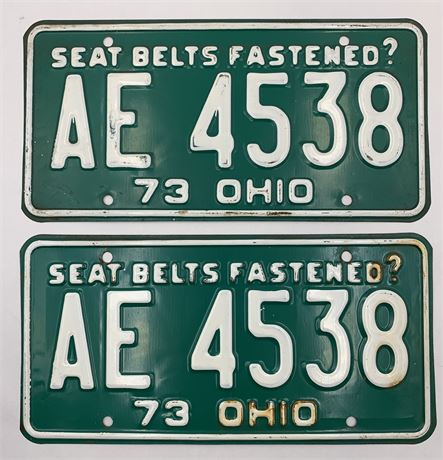 Pair of Original 1973 Ohio AE 4538 Green & White Automobile License Plates