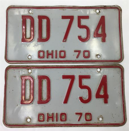 Pair of Original 1970 Ohio DD 754 Red & White Automobile License Plates