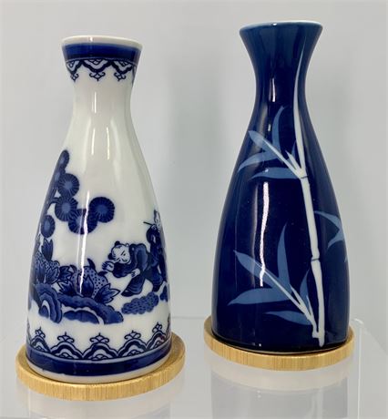 2 Mid Century Asian Blue & White Porcelain Sake Tokkuri Flasks