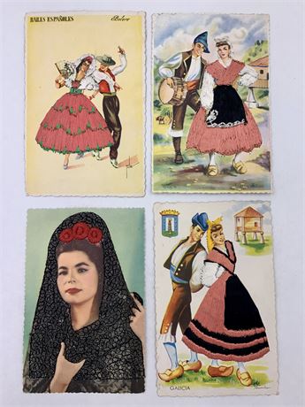 4 pc Vintage Spanish Travel Souvenir Tourist Embroidered Postcard Lot