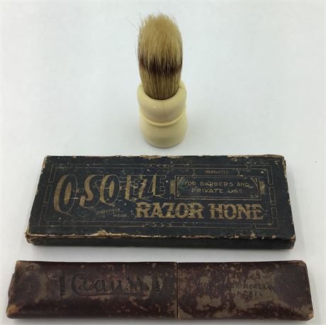 3 pc Antique Shaving Straight Razor, Blade Hone & Shaving Brush Lot