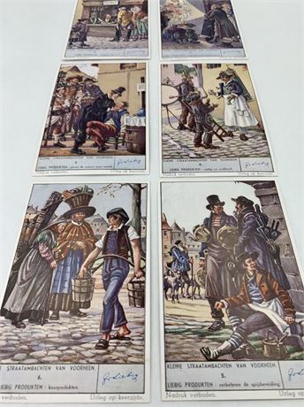 6 pc 1949 Liebig Extract Trade Card Set: Street Traders from the Past
