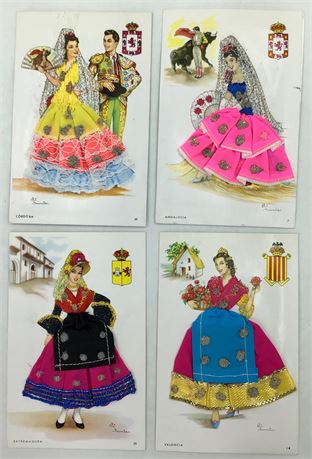 4 pc Vintage Spanish Travel Souvenir Tourist Embroidered Postcard Lot