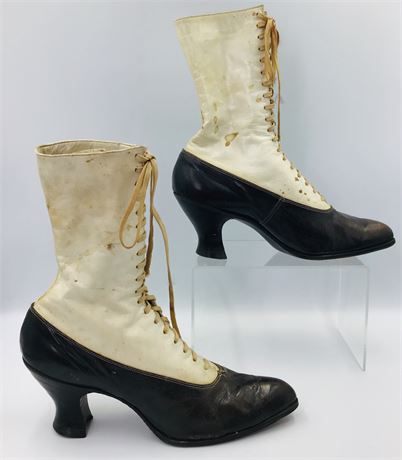 Antique Victorian White & Black Spectator Spool Heel Lace up Women’s Boots