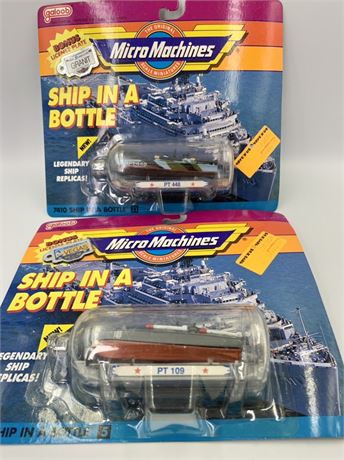 2 NOS Micro Machines Ship in a Bottle Scale Miniature Boat Models