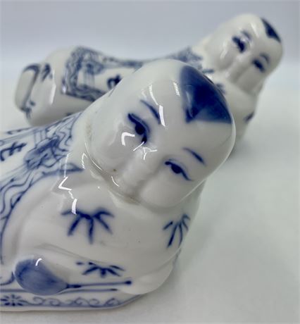 Pair of Vintage Blue & White Porcelain Young Buddha Headrest Pillows