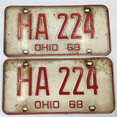Pair Original 1968 Ohio HA 224 Red & White Automobile License Plates