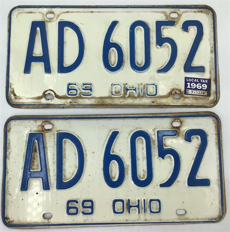 Pair Original 1969 Ohio AD 6052 Blue & White Automobile License Plates, Tax Tag