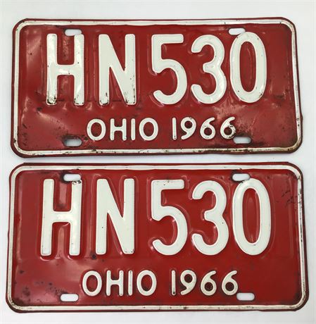 Pair Original 1966 Ohio HN 530 Red & White Automobile License Plates