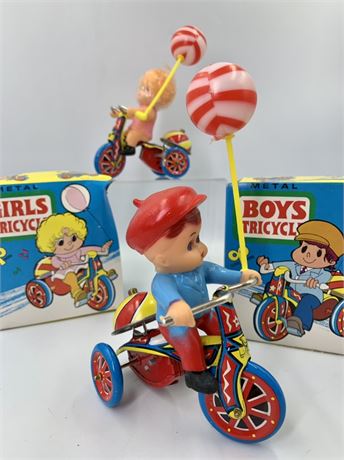 2 NOS Tin Litho Boy & Girl on Bicycle Wind Up Mechanical Toys