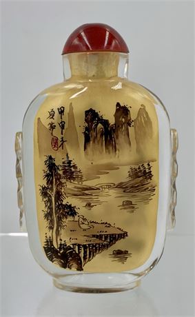 NOS Large Sized Reverse Painted Asian Snuff Bottle in Silk Box