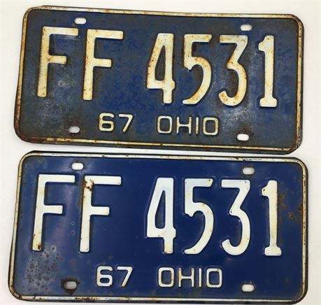 Pair Original 1967 Ohio FF 4531 Blue & White Automobile License Plates