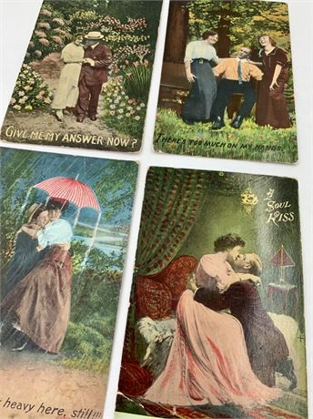 4 pc Antique 1908-1912 Kissing Lovers Postcard Lot