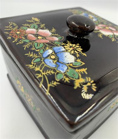 Vintage Made in Japan Glazed Earthenware Lidded Box, Floral Detail