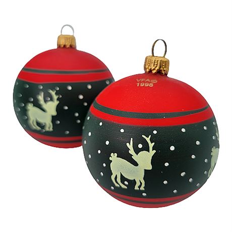 Vaillancourt Folk Art German Glass Ball Ornaments: Red w/ Reindeer