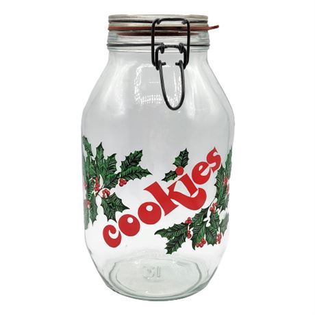 1970s 3L Glass Christmas Cookies Jar w/ Wire Bale Glass Lid