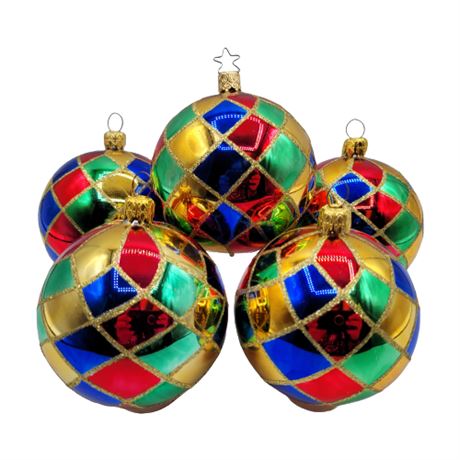 Vintage German Made Harlequin Glass Ball Ornaments x5