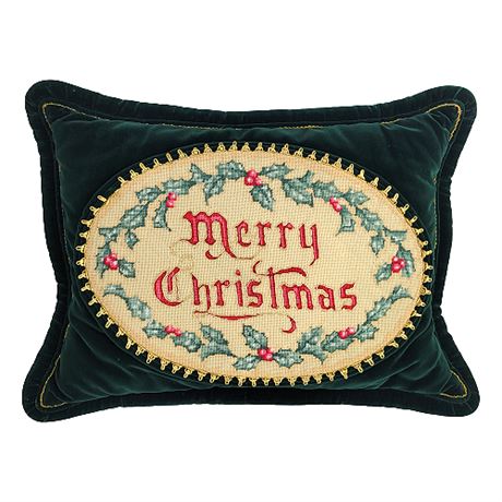 Large Velvet Pillow w/ Merry Christmas Needlepoint