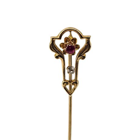 14K Gold Ruby & Diamond Flower Stick Pin