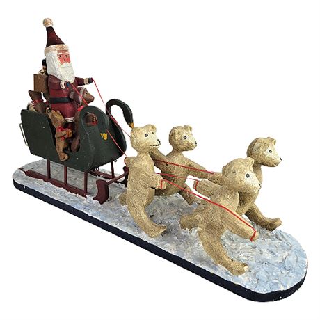 Primitive Wooden Teddy-Bear Drawn Sleigh w/ Santa