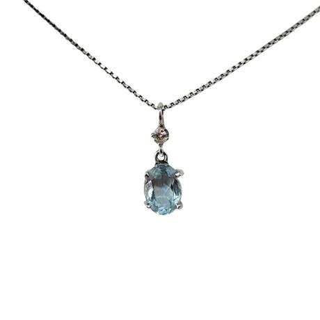 14K White Gold Blue Topaz & Diamond Necklace